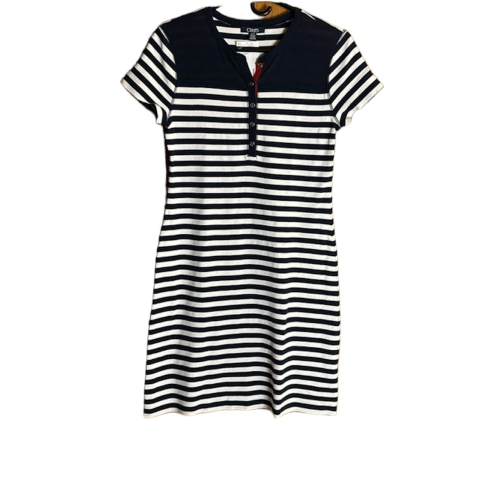 Chaps Nautical Navy Blue & White Striped Dress with Red @ Button Down.